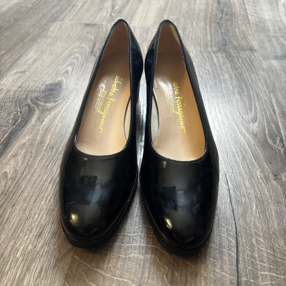 Salvatore Ferragamo Black Patent Leather Wedges
